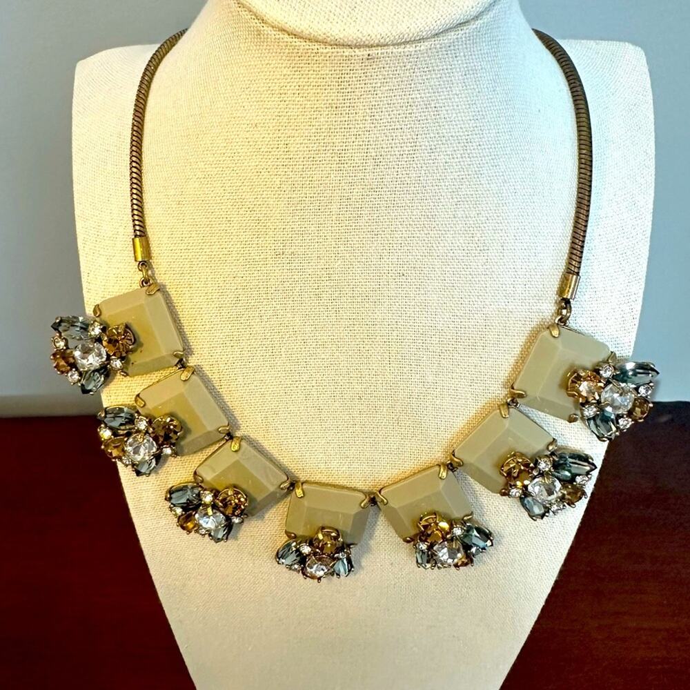 J Crew Necklace Statement Brass Square Stones Gray Neutral Earth tone CZ Chunky